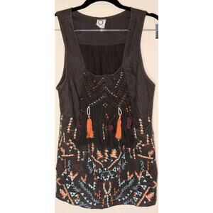 Anthropologie  Akemi + Kin Med Embroidered Beaded Tank Brown Boho Festival Indie